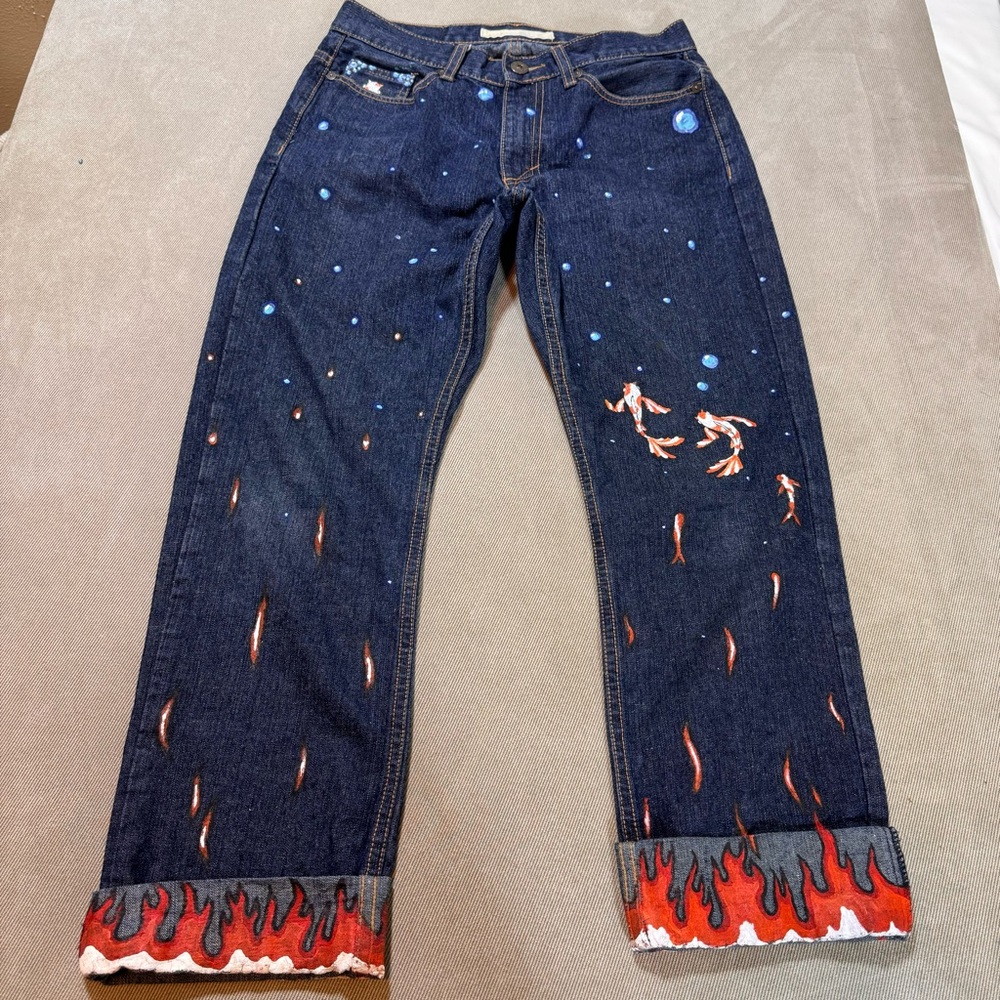 Vintage Genes Men’s Custom Hand Painted Jeans 30x32 Cuffed Koi Flames